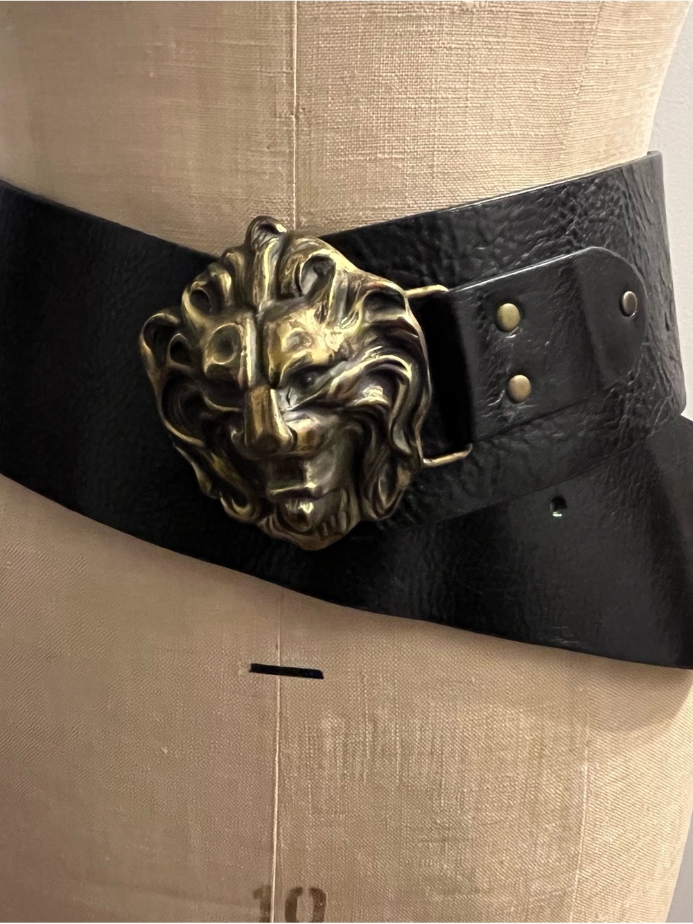 Black Leather Belt with Antique Gold Lion Buckle